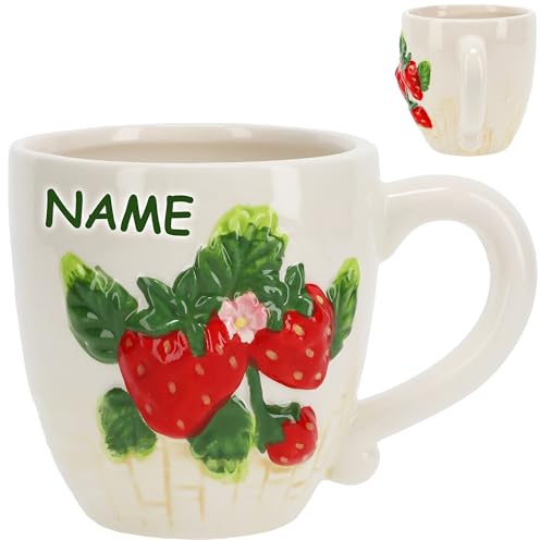 alles-meine.de GmbH Henkeltasse - 3D Effekt - Erdbeere - inkl. Name - groß - 400 ml - Porzellan Keramik Tasse - Trinktasse mit Henkel - Becher - Porzellan Keramiktasse - Tassen -..