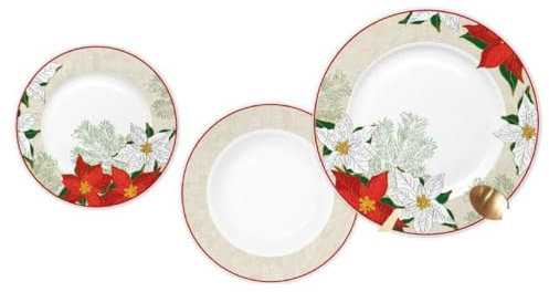 Vajilla DKD Home Decor Rojo Beige Porcelana Flor Navidad 18 Piezas 27 x 27 x 2 cm