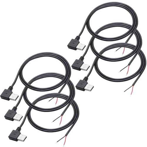 Greluma 6 PZ Spina maschio USB 2.0 a 90 gradi, filo nudo a 2 pin, cavo di alimentazione a estremità aperta a treccia USB A maschio a 2 pin da 1 m, per dispositivo USB 12V/3A, angolo retto