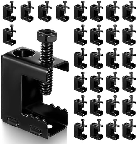 30 Pcs 1/4-20 Spring Steel Beam Clamps Metal Beam Hangers Bolt on Clamp for Installation on Beams 1/4 and 3/8 Threaded Rod, S Hooks and Bridle Rings for Pipe Cable Woodworking Tool