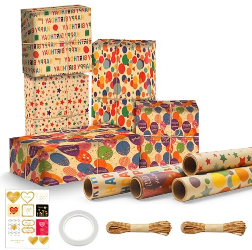 UOCAI 4rotoli di carta da regalo per compleanno, 43 x 300 cm, rotolo di carta kraft da regalo vintage, set colorato, Happy Birthday, 4 diversi motivi