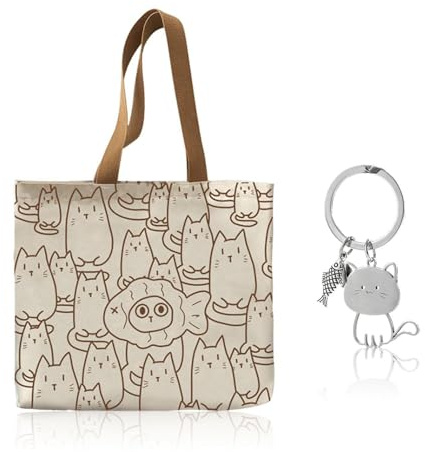 1 Borsa Di Tela Con Motivo Di Gatto E 1 Portachiavi, Borsa Della Shopping Di Grande Capacità, Carina Borsa A Tracolla Pieghevole