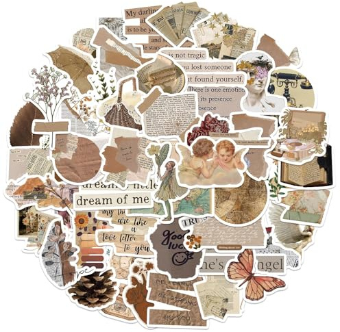 52 Pcs Vintage Aesthetic Scrapbook Stickers Kindle Stickers Waterproof Vinyl Stickers for Journals, Planners & Water Bottles, Scrapbooking Supplies for DIY Crafts, Art Crafts and Collecting