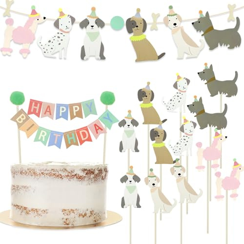 14 Pack Puppy Dog Birthday Party Decorations Set, Dog Garland Banner & Dog Cake Cupcake Toppers, Pet Dog Themed Party Supplies for Kids Toddler Birthday Celebrations