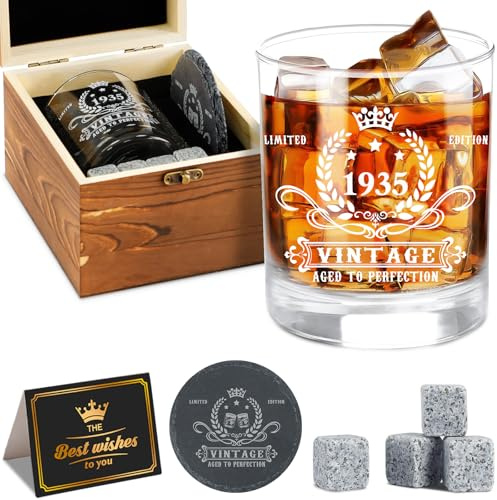Ensemble de verres à whisky vintage 1935 pour 90 ans, boîte en bois, pierres à whisky, dessous de verre, carte de vœux, cadeau pour 90e anniversaire homme, papa