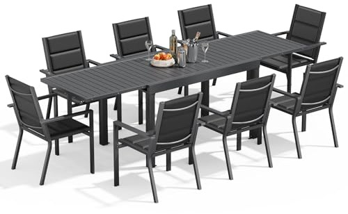 Devoko 8 Persone Set Tavolo e Sedie Da Giardino In Alluminio, 8 Sedie Impilabili e 1 130-260CM Tavolo Da Giardino Allungabile In Alluminio, Set Da Giardino Esterno, Grigio Scuro