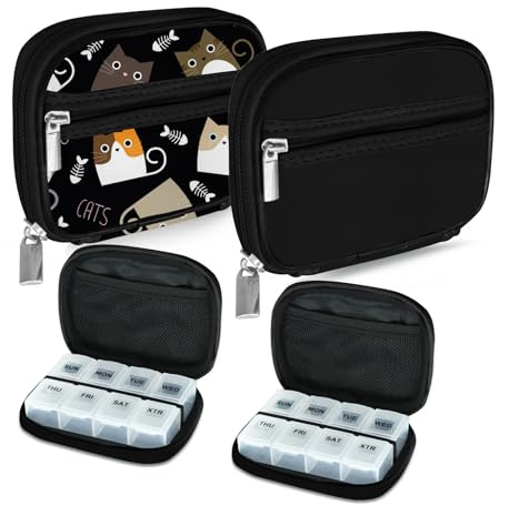 Serfeymi Portapillole settimanale da viaggio, portapillole da borsa con portapillole rimovibile da 7 giorni, elegante organizer da viaggio per medicinali, vitamine, integratori - Nero 03+Nero 01