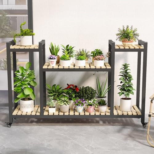 GUAWJRZDP Porta Piante, Supporto Per Piante In Metallo, Supporto Per Fiori con Ruote, Scaffale Per Piante Mobile Per Piante Resistente, Portafiori Angolare Per Patio, Giardino, Soggiorno(Black+Natural
