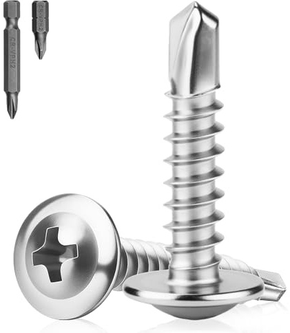 XRXYMQ 150 Pièces Vis Autoforeuse Metal M4.8 x 25 MM Vis Autoforeuse Inox 410 Autoperforante à Tête Fraisée Autoperceuse pour Metal Avec 8 Forets