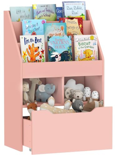 HOMCOM Kinder Bücherregal mit Schublade, 60 x 29,9 x 90 cm Rosa | Kinderregal, 3 Ablagefächern, 2 Offenen Fächern, Aufbewahrungsregal, Kinderzimmer, Spielzimmer
