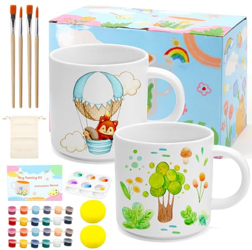 SPOKKI DIY Paint Your Own Mug Set, Pottery Painting Kit for Adults, Creative Ceramic Painting Kits Includes Mugs, Brushes, Paints, Brush, Sponge, Inspiration Guide and Bag, Personalised Gift for All