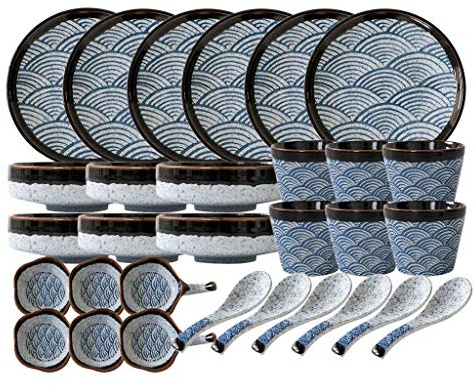 GIQKDZNUO Service de Table en céramique, Service de Table Japonais 30 pièces en Porcelaine, Assiettes et Bols à Motif ondulé pour Restaurant, Compatible Micro-Ondes
