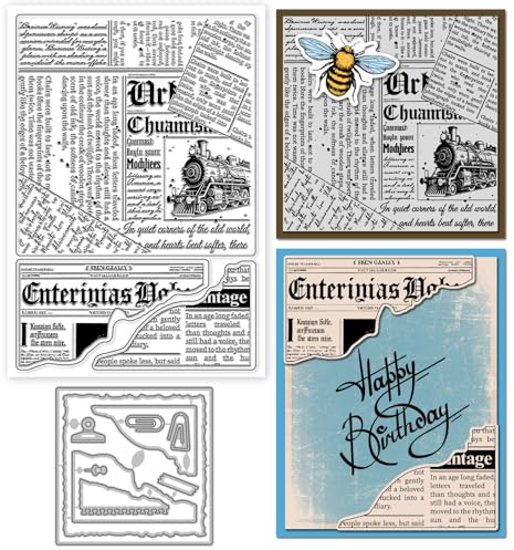 GLOBLELAND Vintage Text Hintergrund Clear Stempel und Metall Die Cuts Zeitungs-Text Transparent Stempel Riss Rahmen Schneidewerkzeuge für die Karte Herstellung Prägen Scrapbooking