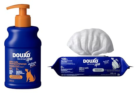DOUXO® Skin & Coat SPA - Pack Champú y Acondicionador para Perros Ultrasuave 2 en 1 de 250ml + Toallitas Multiusos 100u - Limpieza Regular de la Piel y el Pelaje