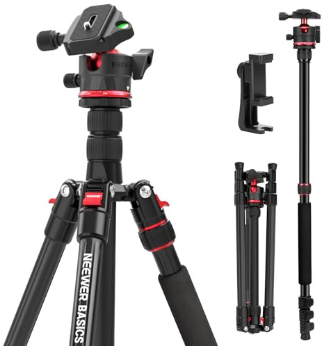 NEEWER BASICS 72 / 182 cm Travel Tripod Monopod for Camera, Compact Lightweight Video Recording Stand, Arca Type Ball Head, Holder Compatible with Phone, Max Load 13.2 lb, TP14B