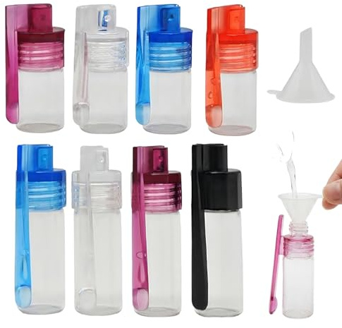 KALUROIL Sniffer doseur en verre, lot de 8 bouteilles de 2 tailles différentes, avec filtre et entonnoir en plastique, capuchons coloris aléatoires, idéal pour cuisine et extérieur