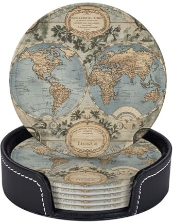 Drink Coasters Set of 6 Waterproof Non-Slip Leather Coaster with Holder Round Mug Mat Vintage Old World Map Coasters for Drinks Tabletop Protection Cup Pad for Coffee Table Bar Home Decor