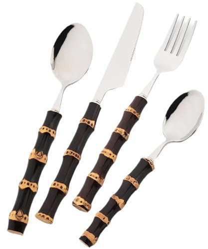 Set de Couverts en Inox Ensemble de couverts table 4 pièces, couteau, cuillère à café, fourchette, manche en bambou noir, acier inoxydable occidental, vaisselle cuisine