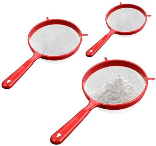 Setacci e colini, Setaccio da cucina, 3 misure (3/4/5 dia.) Setacci a maglia fine per cucinare, Colino con manico in plastica per farina Lavaggio degli alimenti Drenante Pasta Spaghetti Riso, Rosso