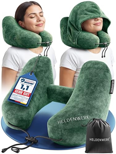 HELDENWERK® Air Nackenkissen Flugzeug Aufblasbar | Reisekissen für 5 Schlafpositionen, schnell aufblasbar & druckregulierbar | Nackenhörnchen mit Abnehmbarer Kapuze | Nackenkissen Auto, samtweich