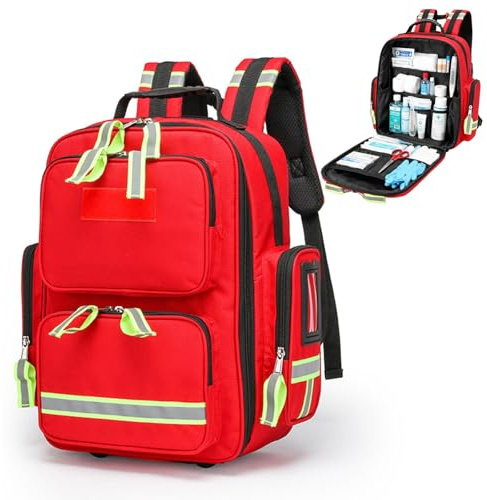 Groß Notfallrucksack Leer,Erst Hilf Tasch für Krankenschwester mit reflektierenden und Notfallpfeife,Medizintasche für EMT,Häusliche Pflege,Medizinstudent,Reise,Notfallveranstaltung(Red)