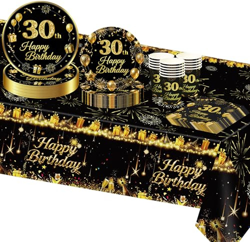 TOPWAYS 30th Birthday Table Decorations Tableware, Black Gold Paper 30th Birthday Plates Cups Napkins Decoration for Women Men 30 Birthdays Party 16 Guests (30thBirthday)