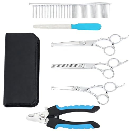 6 Pezzi Set Professionale di Forbici per Toelettatura Cani e Gatti, Acciaio Inossidabile con Punta Arrotondata di Sicurezza, Include Tagliaunghie Cani per Capelli e Accessori per Cani