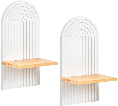 Granvoo Wanddeko, Boho Wandregal aus Holz, Schweberegal mit Versteckter Aufhängung, Kleines Hängeregal für Wohnzimmer, Schlafzimmer, Flur, Kinderzimmer, Deko Holzregal für Pflanzen, Kerzen - Weiß