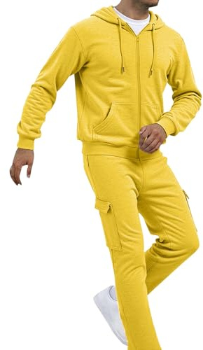 Sportträningsoveraller för män 2026 gymdräkt herr höst vinter vardaglig enfärgad långärmad sweatshirt träningsbyxor set för promenader löpning vandring, gUL, L