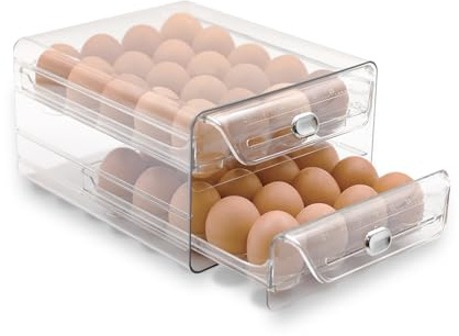 2 Tier Egg Holder for Refrigerator, 40 Eggs Clear Drawer Organizer | Clear Stackable Holder Tray with Drawer for Fridge, Storage Container with Handles for Refrigerator, Countertop, Kitchen