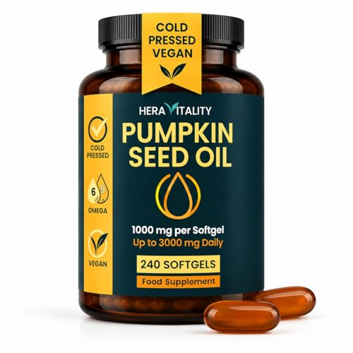 Pumpkin Seed Oil Capsules – 3000mg Daily Cold Pressed Pumpkin Seeds – Vegan Softgels for Prostate & Bladder Support – Omega 6 & 9-240 Capsules