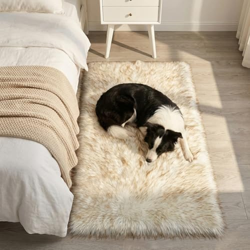 Mishukaze Kunstfell Teppich 60x110 cm, Flauschiger Fellteppich in Schaffell Optik, Extra Weich & Waschbar, Shaggy Teppich für Schlafzimmer, Wohnzimmer, Bettvorleger und Home Decor, Gelbe Spitze