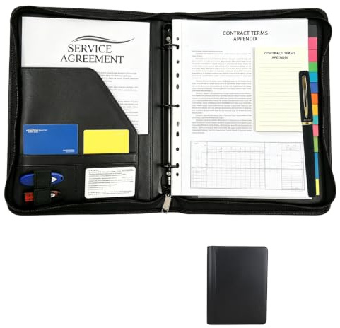Zippered Portfolio Folder with Ring Binder, PU Leather Document Folder with Plastic Sleeves and Notepad, A4 Professional Conference Folder Padfolio with Black Pen for Business Interview Meeting