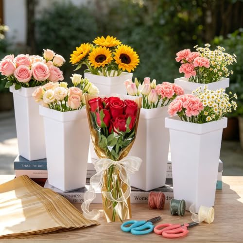 HFYZZ 51 PCS Flower Bar Suppies Set Includes 6 Plastic Flower Buckets, 40 Kraft Flowers Bouquet Wrapping Bags, 2 Scissors and 3 Ribbons for Wedding Bridal Shower Decor