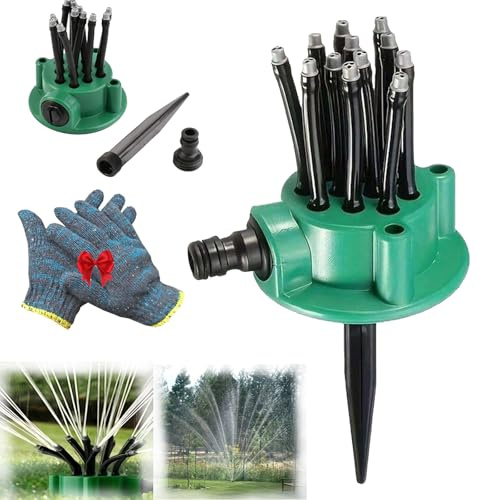 Aspersor de Césped con 12 Tubos Flexibles - Aspersor de Jardín Rotativo de 360°, Sistema de Riego de Precisión para Césped, Parterres de Flores, Huertos, Patios y Jardines Pequeños (1)