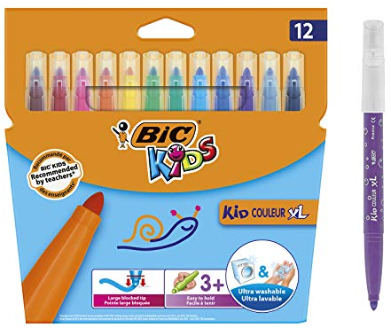 BIC Kids Filzstifte Kid Couleur XL, Fasermaler zum Malen in 12 auswaschbaren Farben, mit dicker Spitze, im Karton Etui, ab 3 Jahre