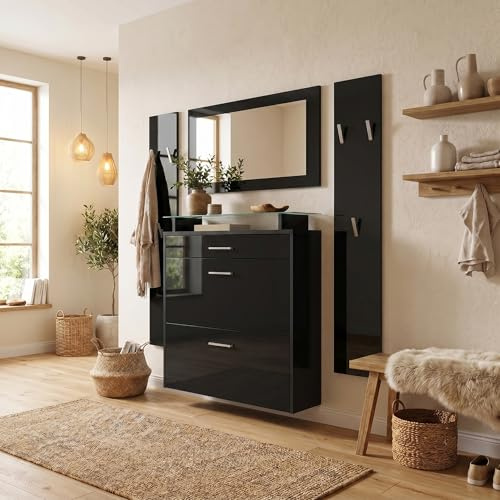 Vladon Garderobe Malea, Garderobenset bestehend aus 1 Hängeschuhschrank, 1 Wandspiegel und 2 Garderobenpaneele, Schwarz matt/Schwarz Hochglanz