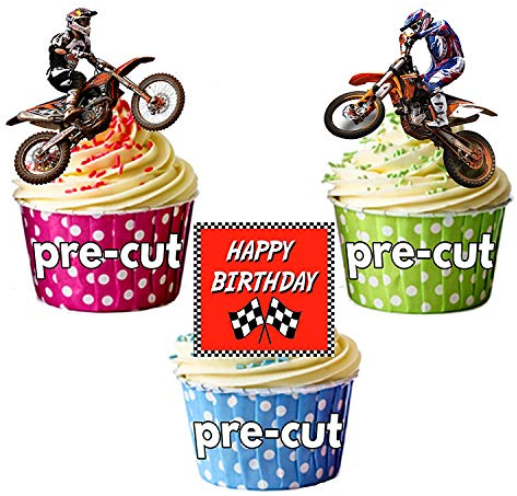 AK Giftshop Happy Birthday Motocross Mix -12 EDIBLE WAFER CUP CAKE TOPPERS CAKE DECORATIONS