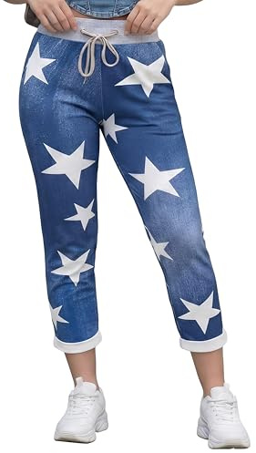 Love My Fashions® Trousers for Women UK Elasticated Waist Floral Denim Look Comfortable Italian Trousers, Casual Summer Yoga Pants for Women
