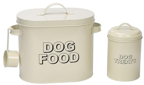 Retro Vintage Styled Antique Cream 3PC Oblong Metal Dog Food Storage Sets: Food Tin, Treats Tin & Serving Scoop