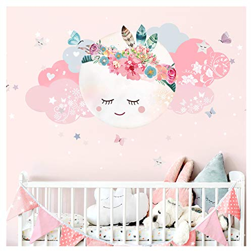 Little Deco Wandsticker Kinderzimmer Mädchen Mond & Wolken I L - 60 x 31 cm (BxH) I Wandtattoo Babyzimmer selbstklebend Wandaufkleber Sterne Blumen Kinder DL267