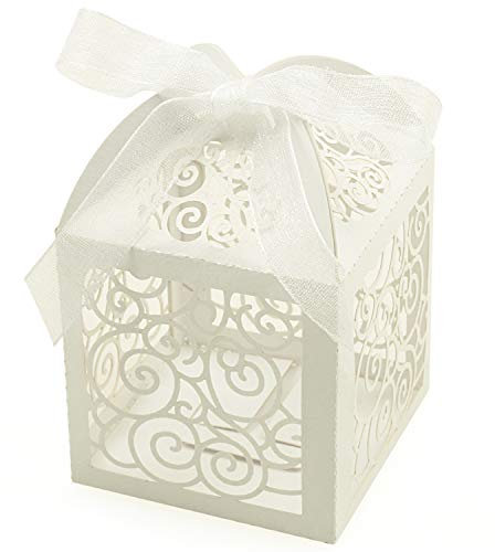 KPOSIYA Geschenkboxen für Hochzeiten, lasergeschnitten, kleine Geschenkboxen für Hochzeit, Brautparty, Babyparty, Geburtstag, Party, Jubiläum, mit Schleifen, 100 Stück weiß