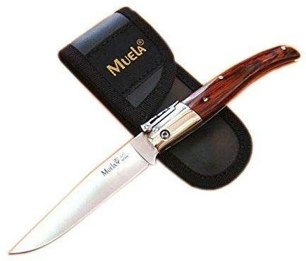 Muela Navaja bolsillera PQ-9R con hoja de acero ACX-380 inoxidable de 10 cm y empuñadura de madera prensada 11,5 cm para Caza, Pesca, Supervivencia y Bushcraft + Portabotellas de regalo