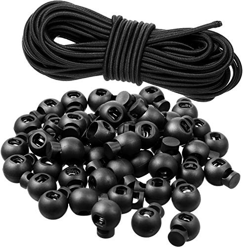 50 Stücke Kunststoff Kordel Schlösser Einlochige Feder Knopf Stopper Tasten Verschluss Schieber Schwarz Runde, Elastische Kordelzug Seil Schlösser mit 30 Fuß Elastischem Bungee Nylon Stoßseil