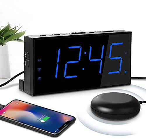 Mesqool Extra Lauter Wecker mit Bettschüttler, Vibrierend für Schwerschläfer, Hörgeschädigte Gehörlose Jugendliche, Doppelt, Großes Display, USB-Ladegerät, Dimmer, Schlummer