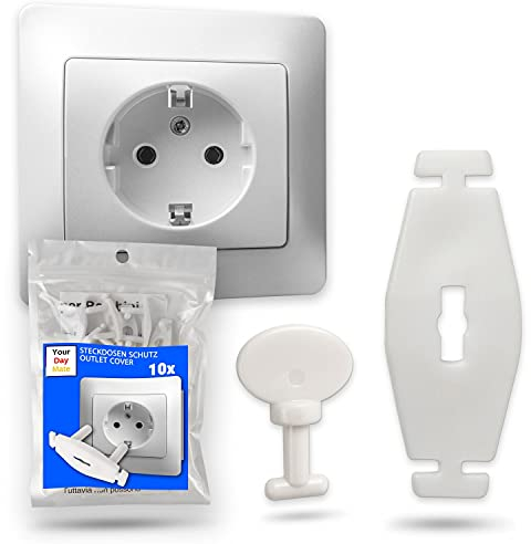 Copripresa senza Adesivo, 10 pz, Bianco, con chiave, adatto per prese di tipo F e L, Copriprese Bambini Universali Italiane e Schuko, Tappi prese elettriche bambini, Protezione copriprese a incastro