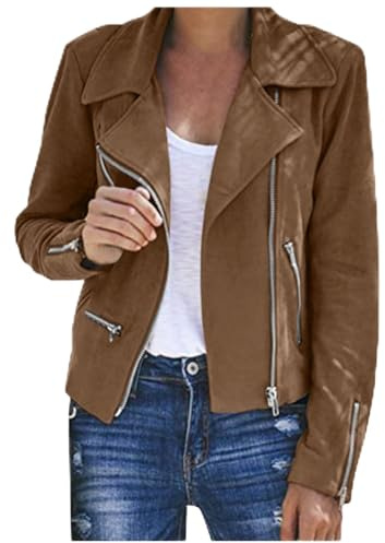 Buetory Women's Luxury Cropped Suede Jackets Casual Long Sleeve Zip Up Short Moto Biker Coat Lapel Collar Bomber Jackets Outwear(Brown,Medium)