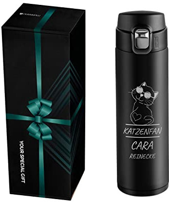 Maverton Thermobecher Kaffeebecher mit Gravur 400 ml - Trinkflasche Edelstahl - auslaufsicher - 100% dicht - Easy-Clean-Deckel - für Frauen zum Geburtstag - schwarz - Katzenfan