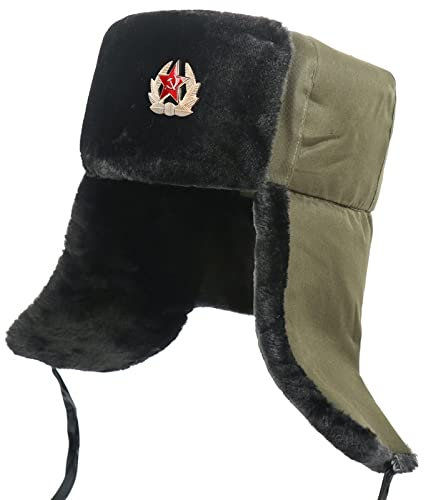 DEPAJA Russische Mütze Sowjetisches Armee-Militärabzeichen Russland Ushanka Bomberhüte Pilot Trapper Trooper Hut Winter Ohrenklappe Männer Schneekappen, Grünes Sowjetisches Abzeichen, Einheits