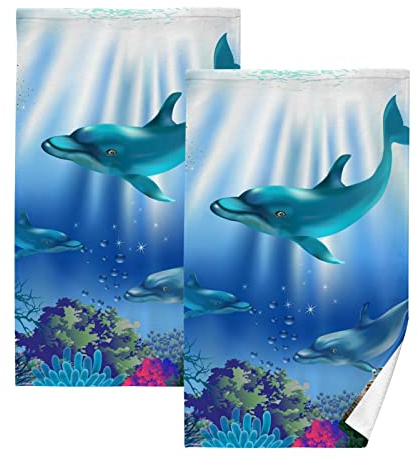 YOUJUNER 2 Stück Baumwolle Handtuch Set Ozean Meer Tier Delfin Handtuch Gesichtstücher Badetücher Waschlappen Fingerspitze Deko Handtücher